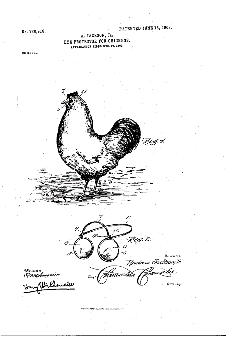 JIngram_IP's tweet photo. I've also had fun finding more unusual patents, to encourage out-of-the-box thinking! Apparently these #ChickenSpectacles prevent chickens from pecking each other! 

What are your favourite patents for everyday or unusual things? #FoYE19 https://t.co/1awMVzl7iw
