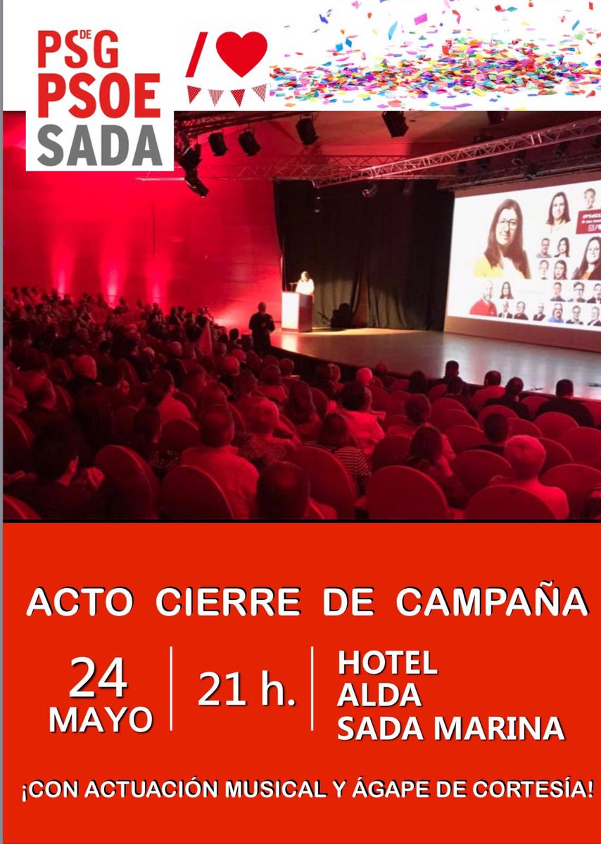PSOE_Sada's tweet photo. 🗣VIERNES 24, a las 9 de la noche 🕘: CIERRE DE CAMPAÑA del equipo socialista 🌹en el Hotel Sada Marina 🏩. Además, al terminar, tendremos una pequeña sorpresa. ¡Te esperamos! ¡No te lo pierdas! 

🔺COMPARTE 🔻

#AhoraSada/❤ #EsTuMomento/❤ #PSdGSADA/❤
#PiensaEnRojo/ https://t.co/xbrDnLgYtK
