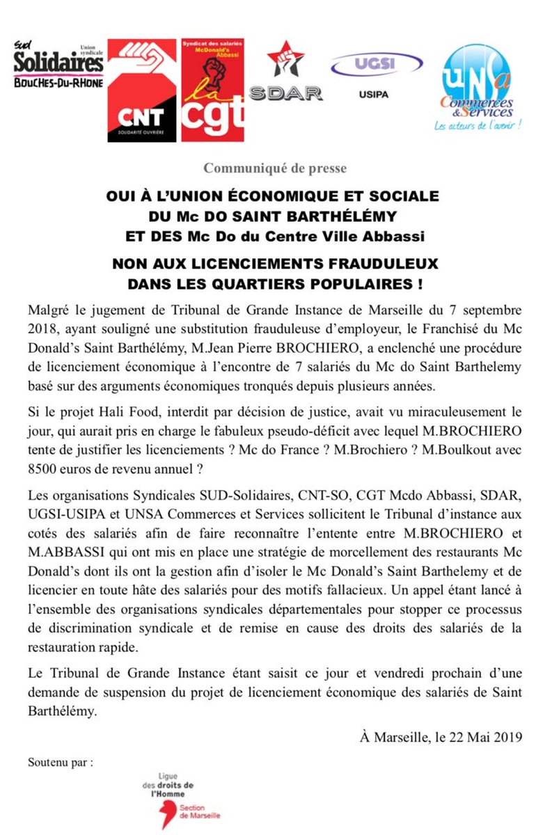 so_cnt's tweet photo. @Solidaires13 Communiqué unitaire des syndicats marseillais de #MacDo sur les franchises #Abbassi et #Brochiero. Non aux licenciements, Oui à la reconnaissance de l'Unité Économique et Sociale ! https://t.co/31X3QBUcb0