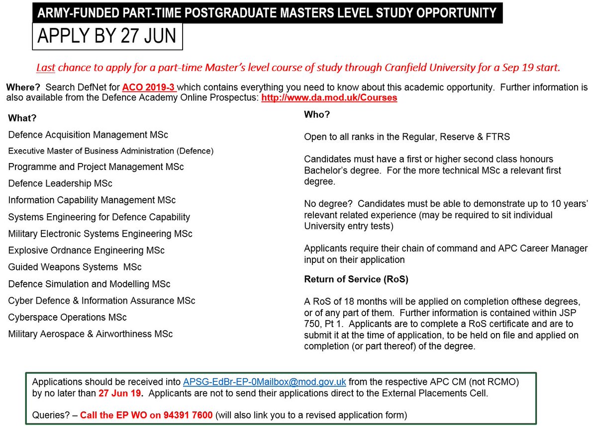 There are still Army-funded vacancies on ⁦<a href="/CranfieldUni/">Cranfield University</a>⁩ Master’s courses - apply by 27 Jun. Search ACO-2019-3 on DefNet or call 94391 7600 for more details.