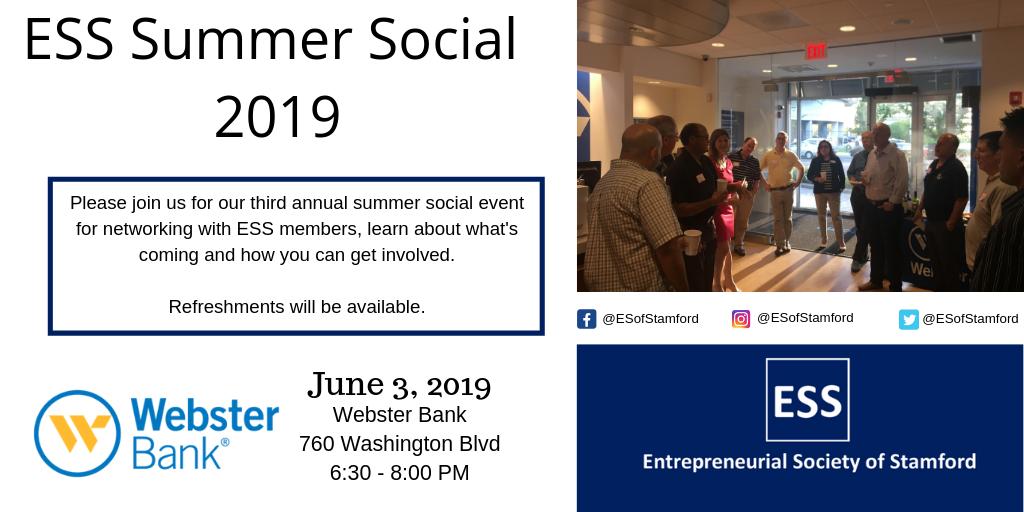 ESofStamford's tweet photo. You're invited to the Entrepreneurial Society's "Summer" Social 2019 at Webster Bank - https://t.co/M0M5WnqWqg @WebsterBank https://t.co/uygP0FccGC