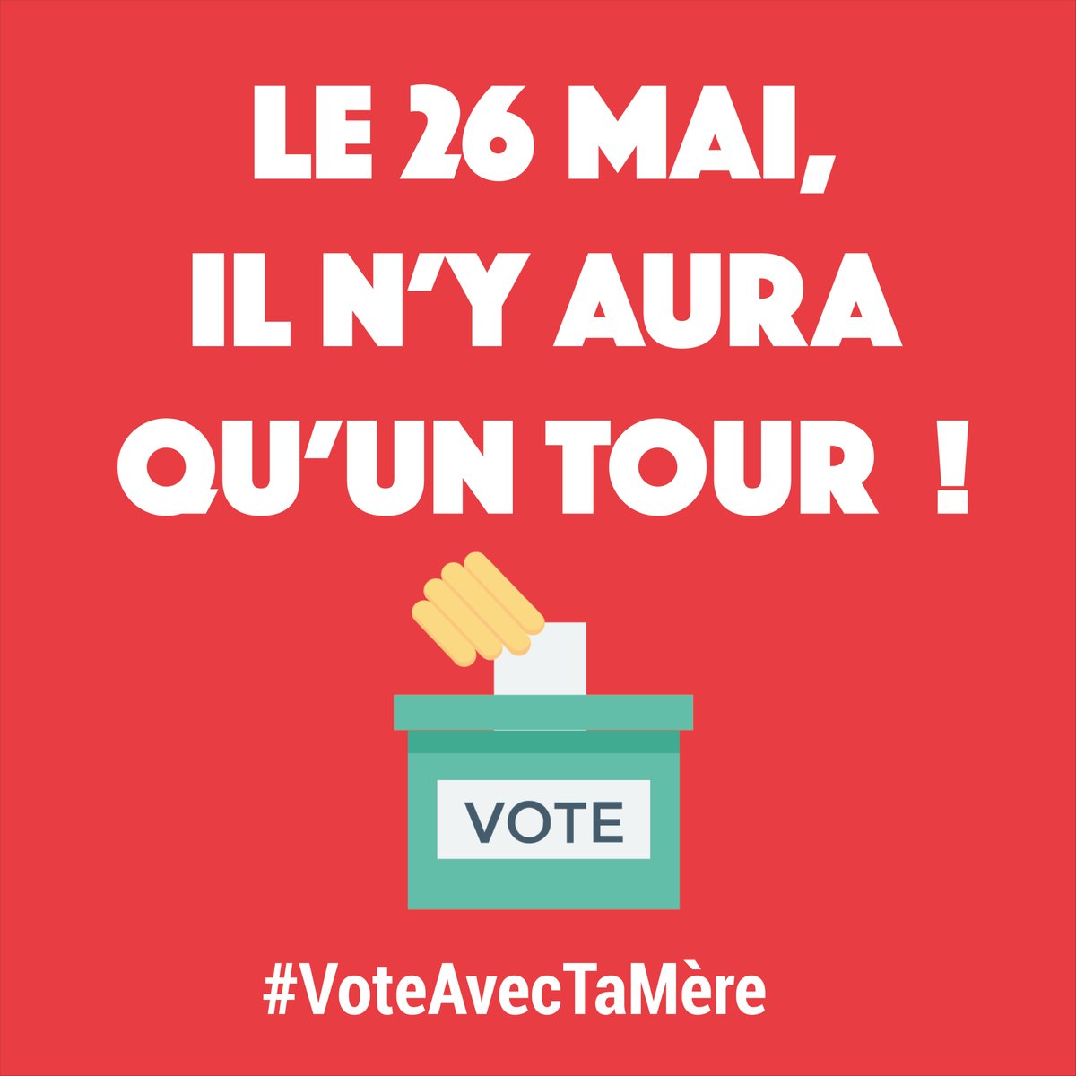 🚨 Vous connaissez l'#EuropeChallenge ? À J-4 des élections européenne je mobilise 5 de mes proches pour les inciter à aller voter !

🇪🇺 Le 26 mai, il n'y aura qu'un seul tour ! 🗳

#VoteAvecTaMère #CetteFoisJeVote #EUelections2019