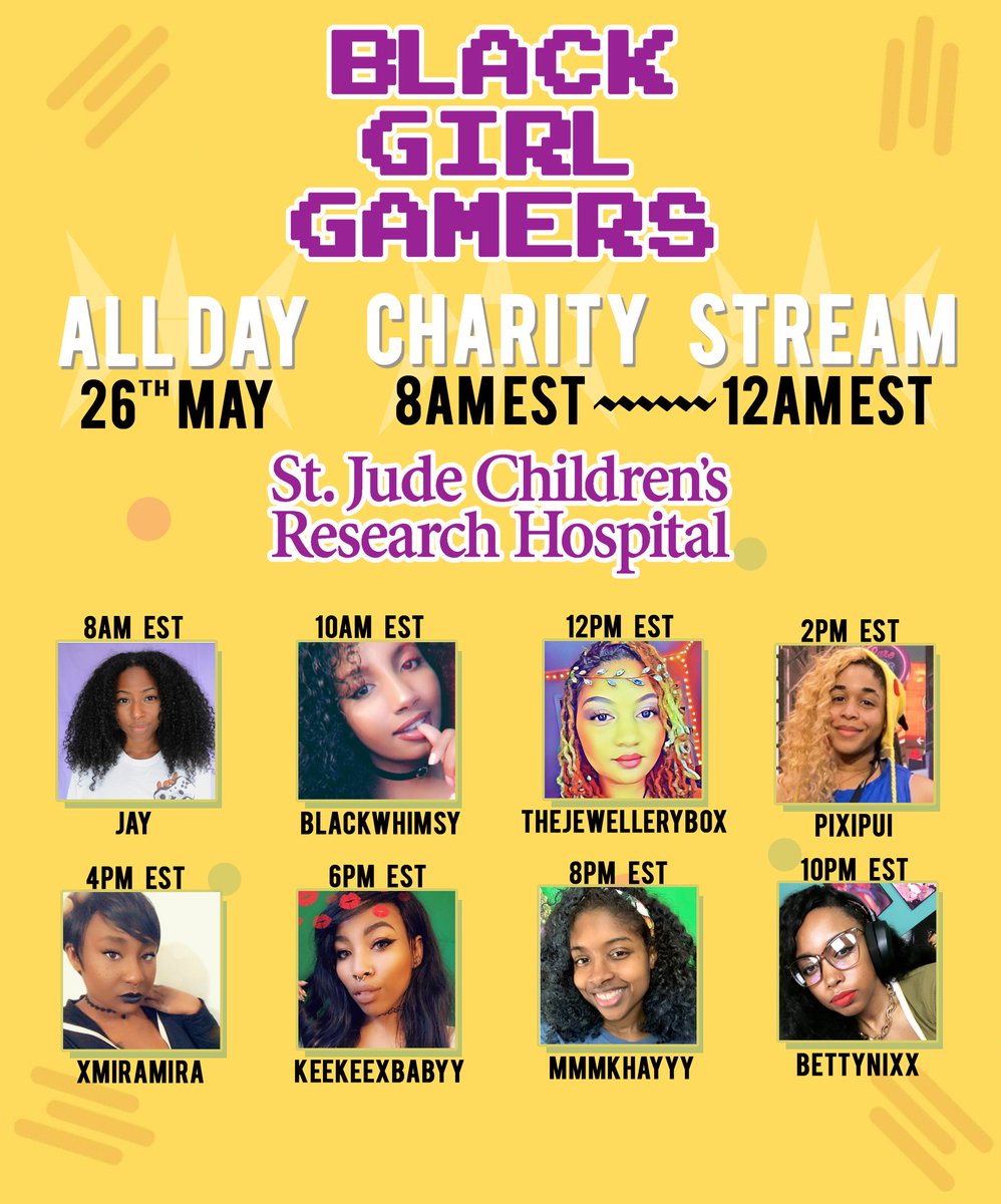 Our schedule is up!  Join us on our all day charity stream for <a href="/stjudeplaylive/">St. Jude PLAY LIVE</a>!

Set a reminder! It's gonna be a whole lot of shenanigans!

Cc: @supadupacurl @DaJewelleryBox <a href="/blackwhimsy/">Y</a> <a href="/pixipui/">pixipui ✨Is featured on Adobe YT✨</a> <a href="/Xmiramira/">Mira 💋</a>
<a href="/keekeexbabyy/">keekeexbabyy 🏳️‍🌈</a> @MmmKhayyy @bettyniixx

Flyer: <a href="/ALRAHLO/">ALRAHLO</a>
#BlackGirlGamers