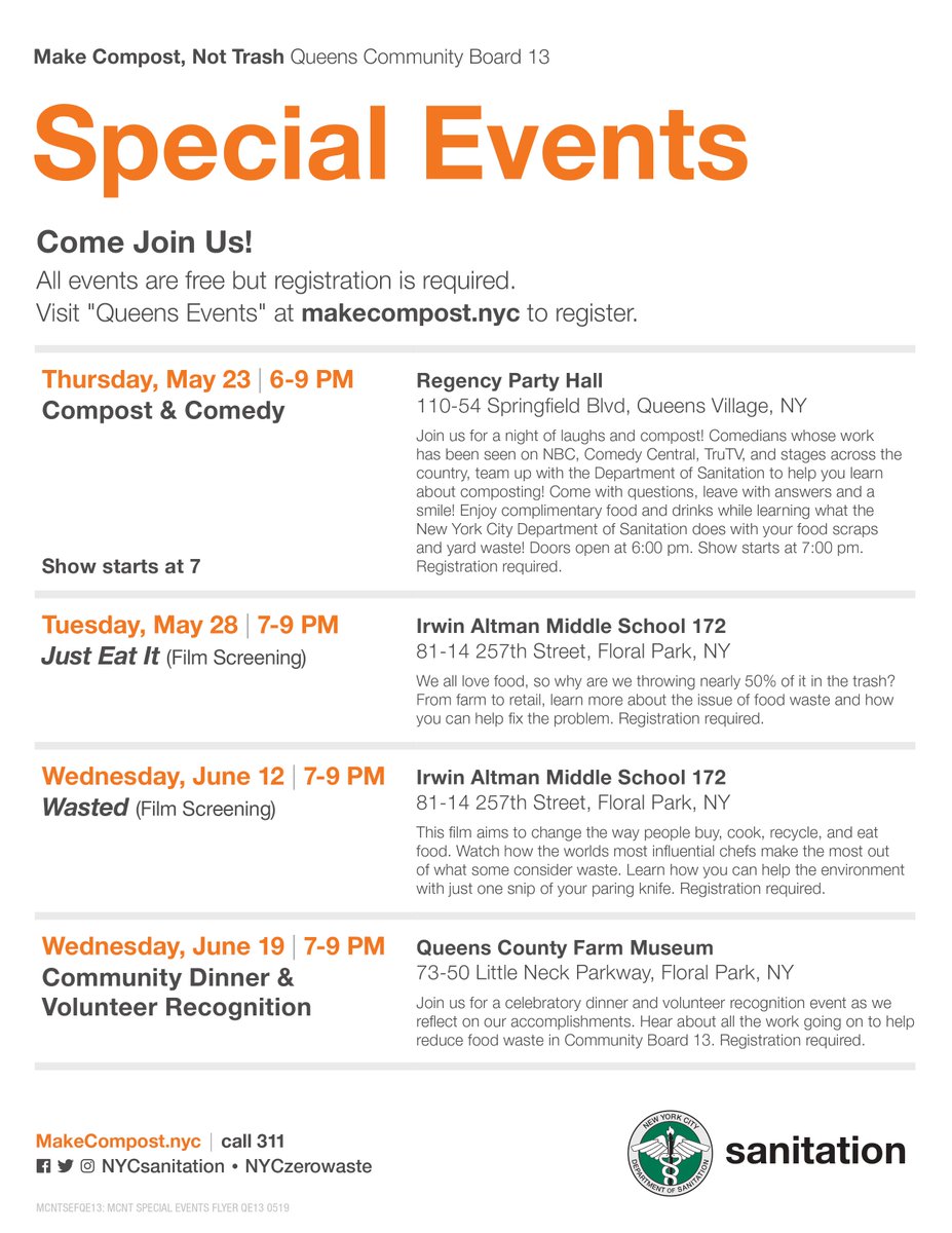 DavidWeprin's tweet image. Learn how to #MakeCompostNotTrash with @NYCSanitation at Compost &amp;amp; Comedy this Thursday 5/23 featuring comedians from @ucbcomedy at Regency Party Hall at 110-54 Springfield Blvd.  Check out more free community events and register at: makecompost.nyc/queens
