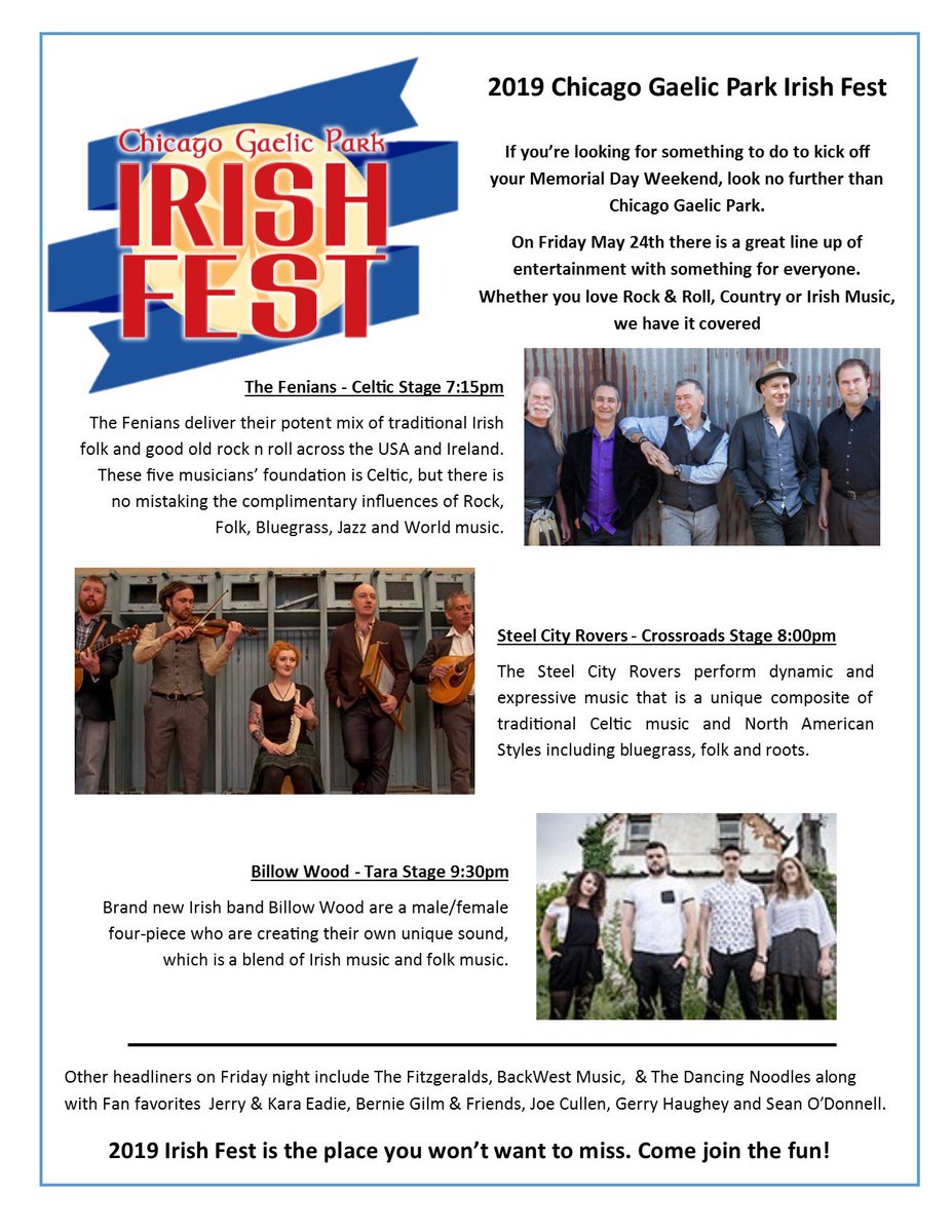 Chicago Gaelic Park Irish Fest (@gpirishfest) on Twitter photo Our Friday night headliners at Irish Fest! <a href="/steelcityrovers/">Steel City Rovers</a> <a href="/thefenians/">The Fenians</a> <a href="/billowwoodmusic/">Billow Wood</a> #GPirishfest Our Friday night headliners at Irish Fest! <a href="/steelcityrovers/">Steel City Rovers</a> <a href="/thefenians/">The Fenians</a> <a href="/billowwoodmusic/">Billow Wood</a> #GPirishfest