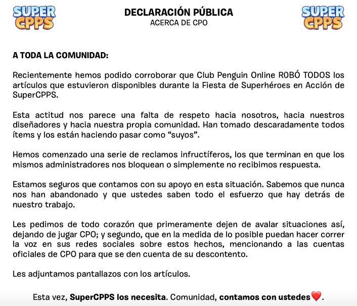iSuperPenguin's tweet photo. A toda nuestra comunidad, SuperCPPS los necesita. ❤️

DECLARACIÓN PÚBLICA acerca del robo de items por parte de CPO. https://t.co/N1FGIC58hE