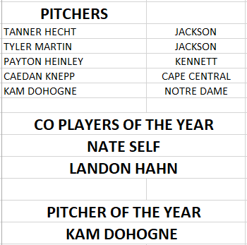 SEMOESPN's tweet photo. The 2019 SEMO All-Conference Baseball team has been released! @ndcapebulldogs JR LHP Kam Dohogne is pitcher of the year, while @sikestonball SR (and UT-Martin commit) Nate Self &amp; @JHS_Indians SR (and @SEMObaseball commit) Landon Hahn share Player of the Year honors. #mopreps https://t.co/Th6j86Wy3Q