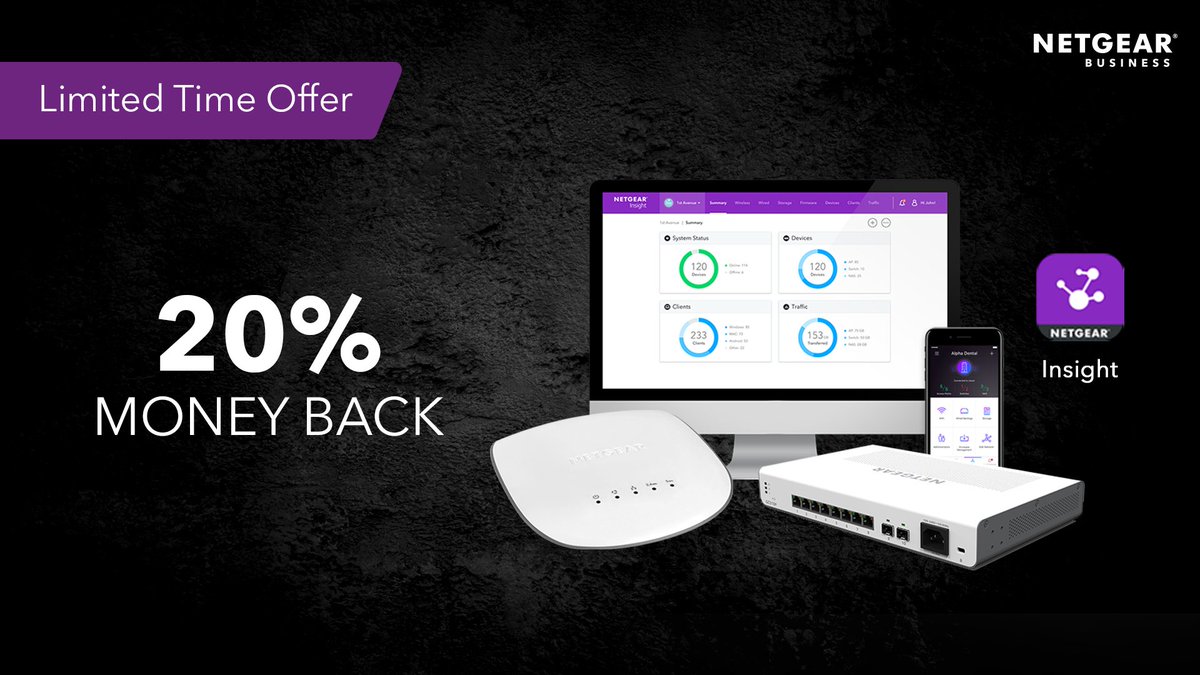 NETGEAR's tweet photo. Spending too much time and money managing your outdated #SMB network devices? Trade them in for NETGEAR #Insight Managed devices and receive 20% money back. #LimitedTimeOfferOnly. https://t.co/z6empDQgHy https://t.co/s56PM615zK