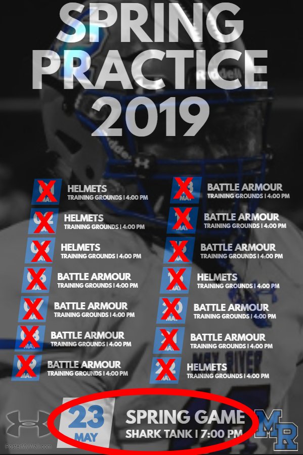 MRsharks1's tweet photo. Today is our last day of practice for #SpringBall2k19. Tomorrow we are in #TheTank for our Blue & Black Game. Parent Meeting is set for 5PM with kickoff is set for 7PM! See you there! @CoachSummers1 @Shark_Athletics @sharknation843 @LowcoSports @BlufftonToday https://t.co/wnCK6Wlqpr