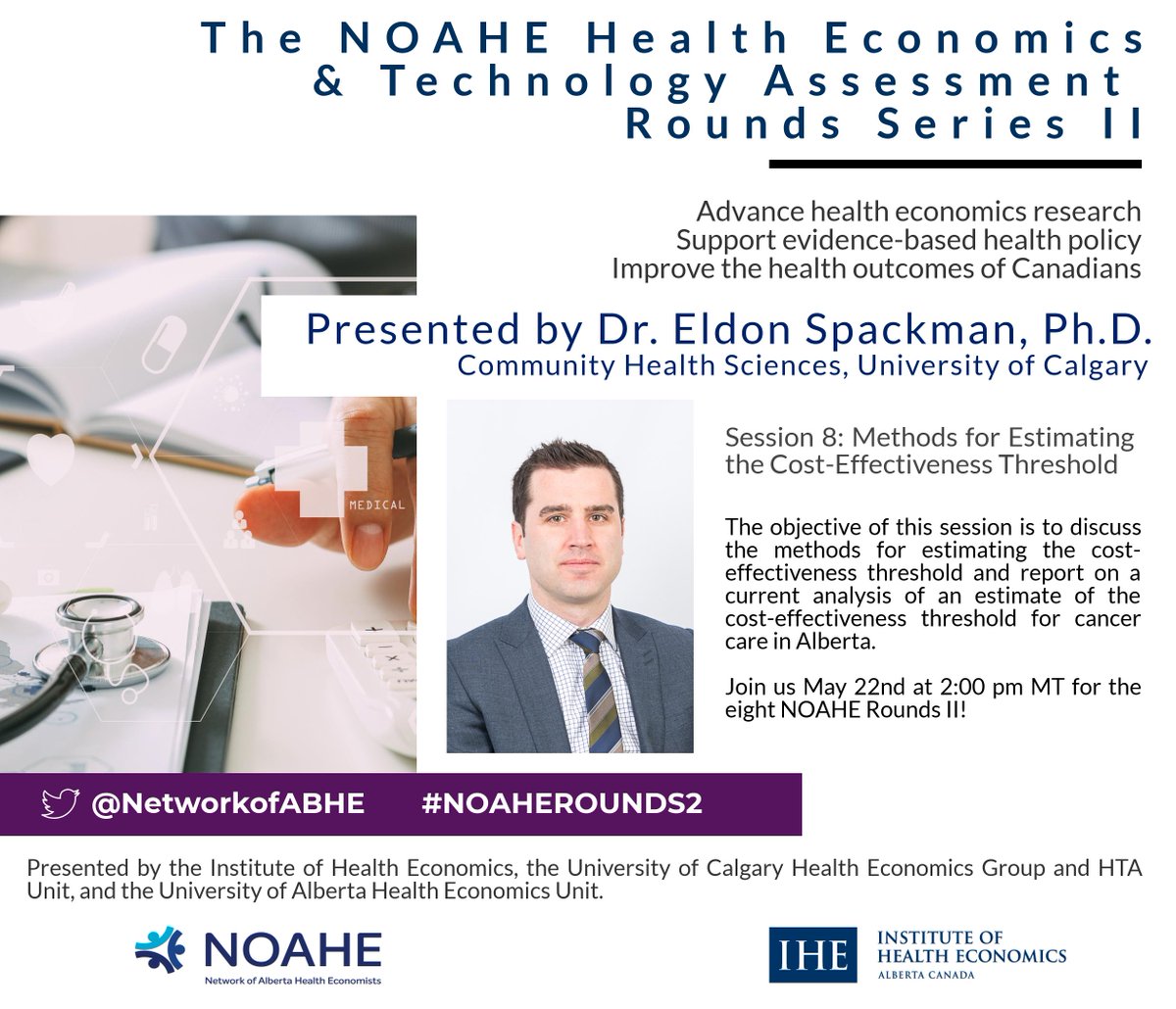 NetworkofABHE's tweet photo. Today is the day! Just us at 2:00pm MT for the next #NOAHE Rounds, as Dr. Eldon Spackman presents "Methods for Estimating the Cost-Effectiveness Threshold". Watch it online at https://t.co/pnwkrs6Uya #NOAHERounds2 https://t.co/OmAzTPtBda