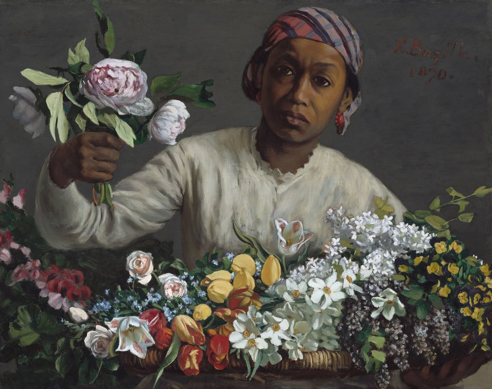 MuseeOrsay's tweet photo. Dans #ModeleNoir, la "Jeune femme aux pivoines" (@ngadc) de Bazille et
"Olympia" de Manet sont exposées ensemble. 
Ce rapprochement témoigne des parallèles existants entre les 2 œuvres, puisque Bazille récupère le motif de la femme noire au bouquet et en fait son unique sujet. https://t.co/3DG0OQ02X5