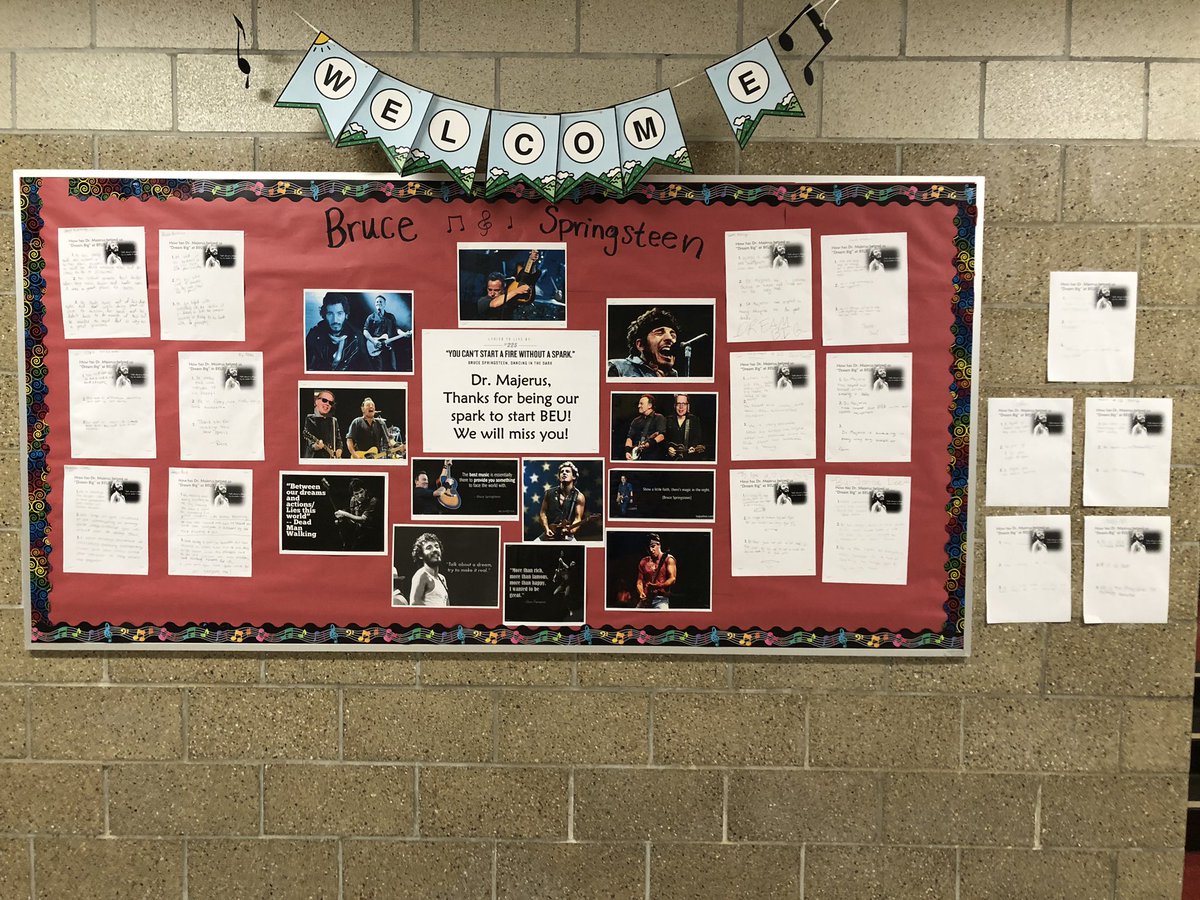 BEUMusicMartin's tweet photo. In honor of Tim, Bruce is on the board for our last week of school. If you look closely, you’ll see Tim sang on stage with Bruce, twice!!! 🤪😂 Around the pictures are kind words written by 5th graders about Dr. M ❤️ #brucespringsteen @BEUprincipal https://t.co/aitYCmvHBZ
