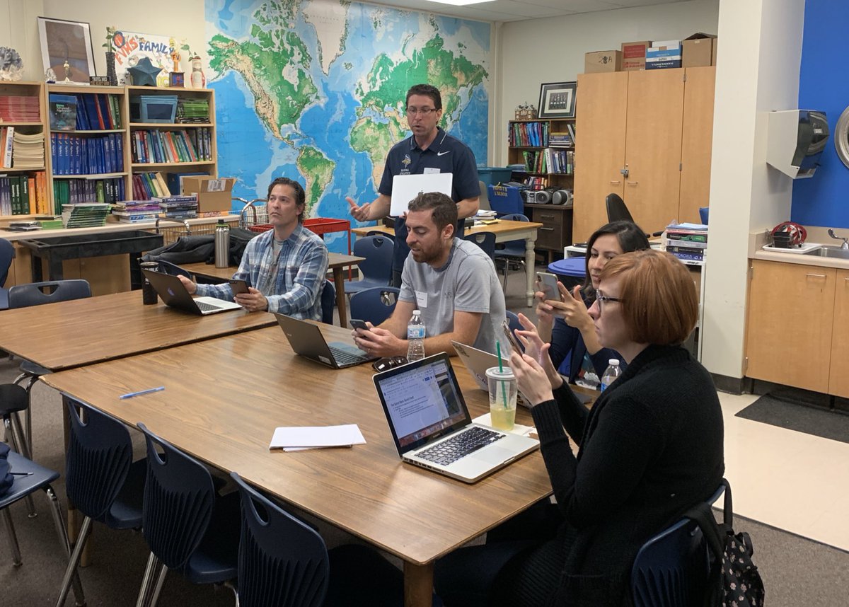 clonghb's tweet photo. Social Studies Teachers in the @FVHSbarons Math Office exploring how to use @GooseChaseEDU as a fun, active way to engage students in historical events. #baronslearn #ERHStweets https://t.co/LriEriLkfR