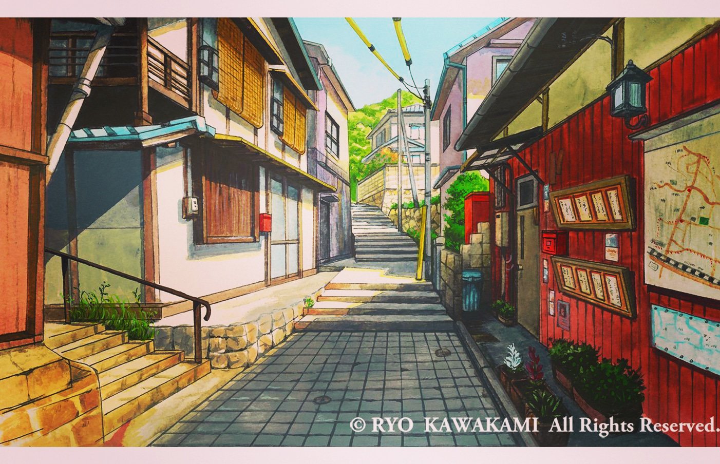 川上リョウ イラスト 尾道 旅情 以前 尾道に取材に行った際に 描いた絵です まさに映画の街 街そのものが映画のセットのようで とても感動しました イラスト 水彩画 色鉛筆 尾道 広島県 瀬戸内海 路地 ノスタルジー 絵描きさんと繋がり