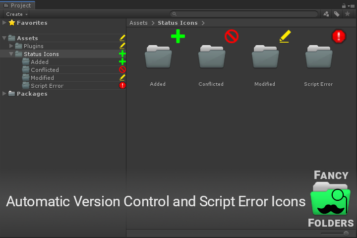 PlaceholderSoft's tweet photo. Folders have auto icons next to them which show what's in the folder and the status of things in the folder (script error, modified, git conflict etc).

This can all be customised! If that looks a bit overcrowded you can change how many icons there are or just turn them off. https://t.co/smQVEf4nzr
