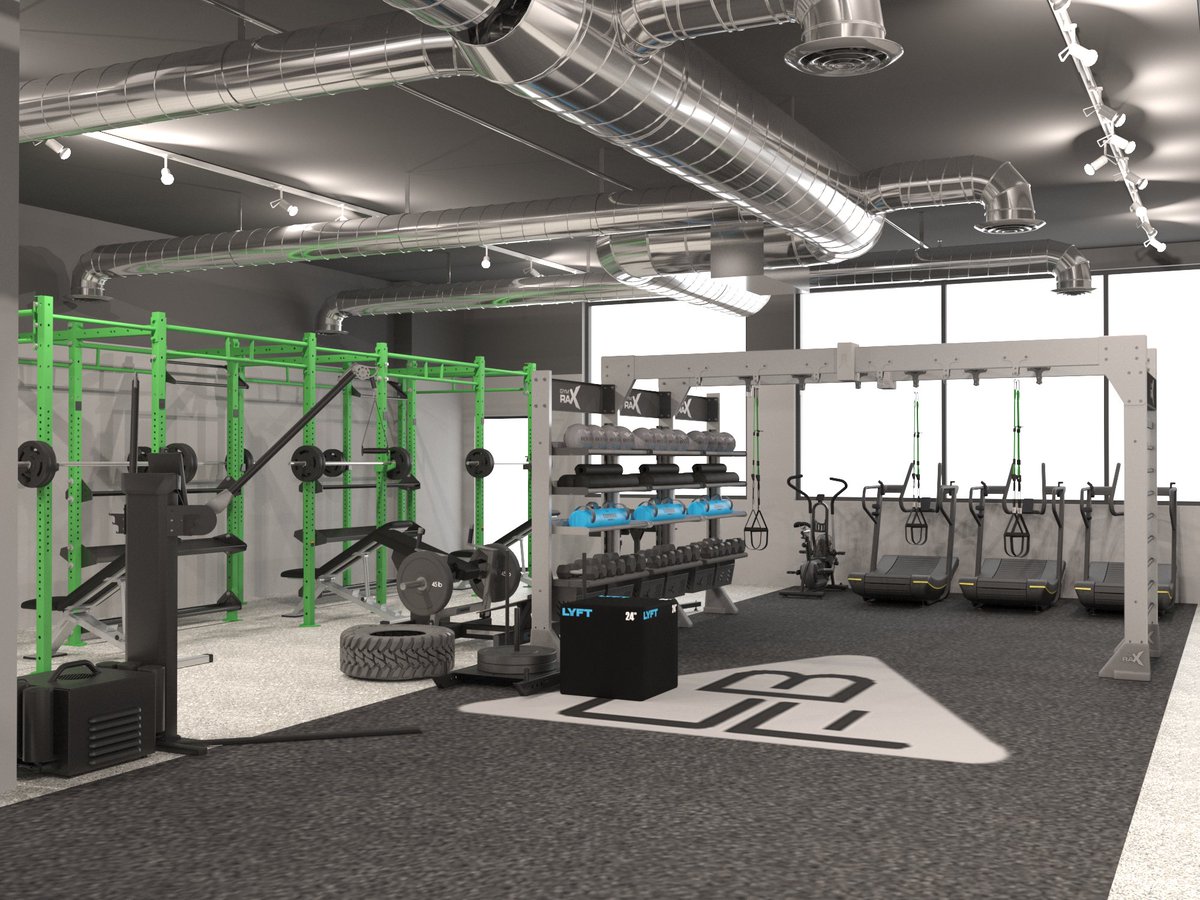 FitDesignGroup's tweet photo. A polished industrial space with subtle branding to establish the training environment. #fitnessdesign #gym #design #gymdesign #gymrax #functionaltraining #studio #corebalfit https://t.co/d9cQMkkOMJ