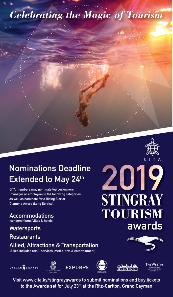 Only a few days left to nominate top performers for the 2019 Stingray Tourism Awards with <a href="/CayTourizm/">CITA</a>! We're so excited to celebrate our tourism industry and the people that make it great with the winners announced on July 23rd! cita.ky/stingrayawards