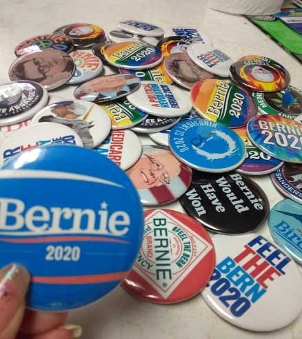 MORE4Bernie's tweet photo. And through it all there has been buttons! Thousands of buttons! Buttons for our local progressive candidates, and many, many #BernieButtons! We've pressed and shared nearly two thousand buttons and counting! https://t.co/92KsQKSZkq