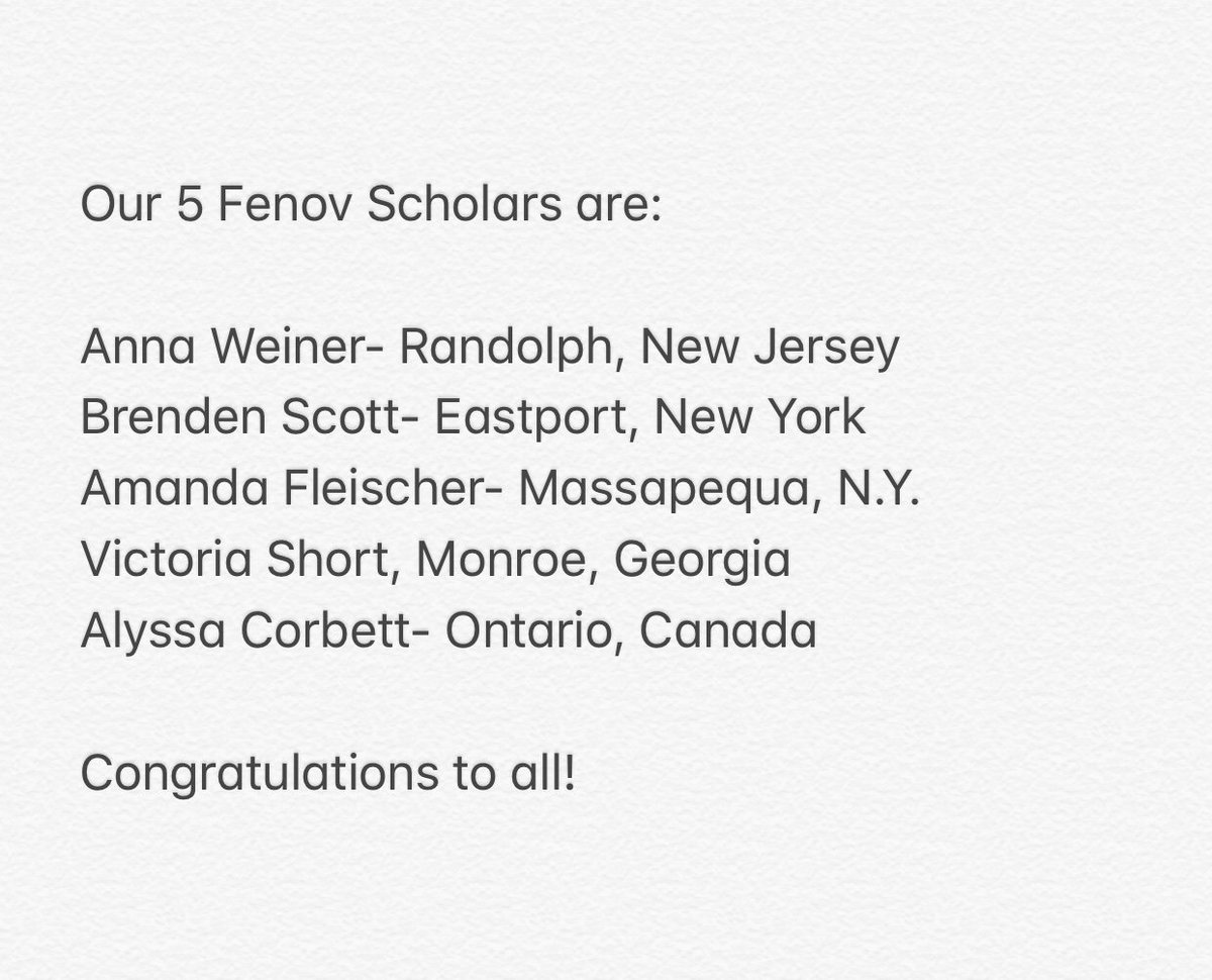 leeberr09's tweet photo. I am pleased to announce the winners of the Fenov Pierre-Louis Memorial Scholarships. We received many great applications, but these 5 stood out for their dedication to helping someone affected by kancer. https://t.co/VSaR3fZYkX