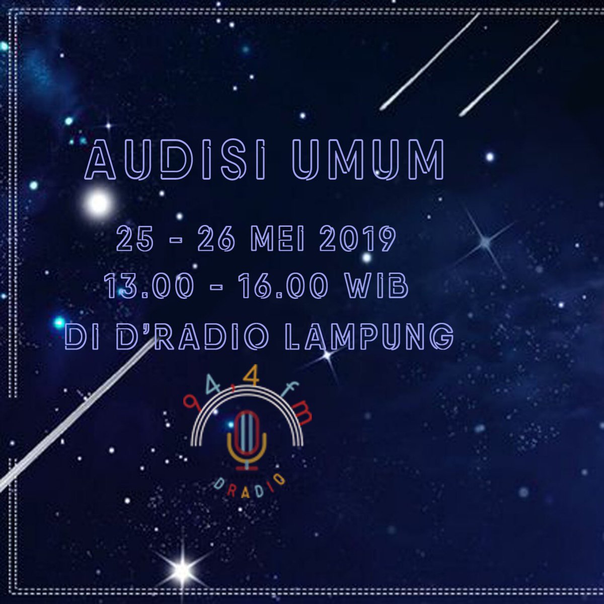 Audisi Umum Perdana akan di laksanakan pada 25&amp;26 Mei di <a href="/dradiolampung/">D! Radio Lampung</a>  dari pukul 13.00-16.00 
Detail Klik bit.ly/MMKOTA2019