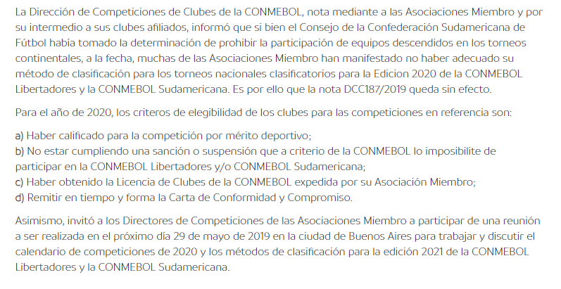 VSportsTM's tweet photo. COMUNICADO OFICIAL DE CONMEBOL. Los clubes de ascenso quedan habilitados para disputar la Copa Libertadores 2020. https://t.co/EfDPflARii