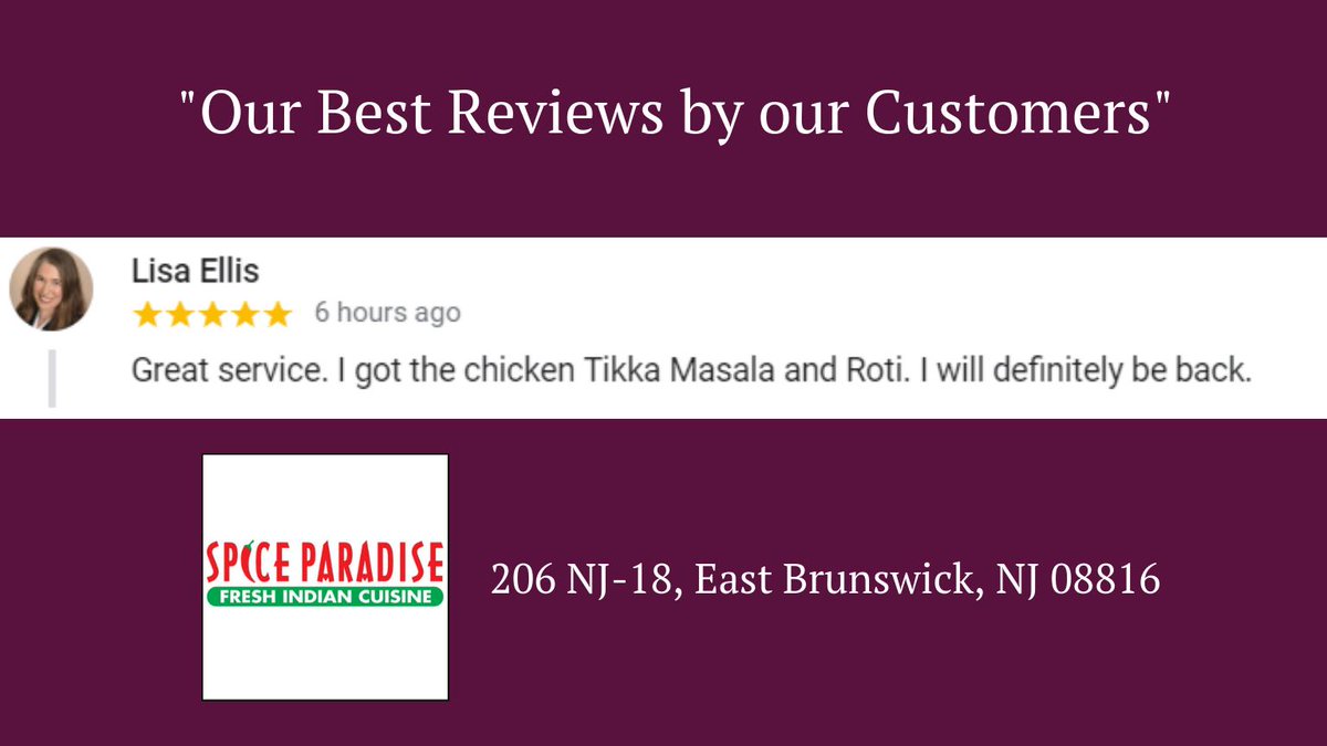 SpiceParadiseNJ's tweet photo. ➡️ "Our best reviews by our Customers"
Dine with us at SPICE PARADISE

#spiceparadisenj #eastbrunswicknj #wednesdaywisdom #cleaneating #healthyfood #food #healthy #healthylifestyle  #likeus #followus https://t.co/iyukOglNaw
