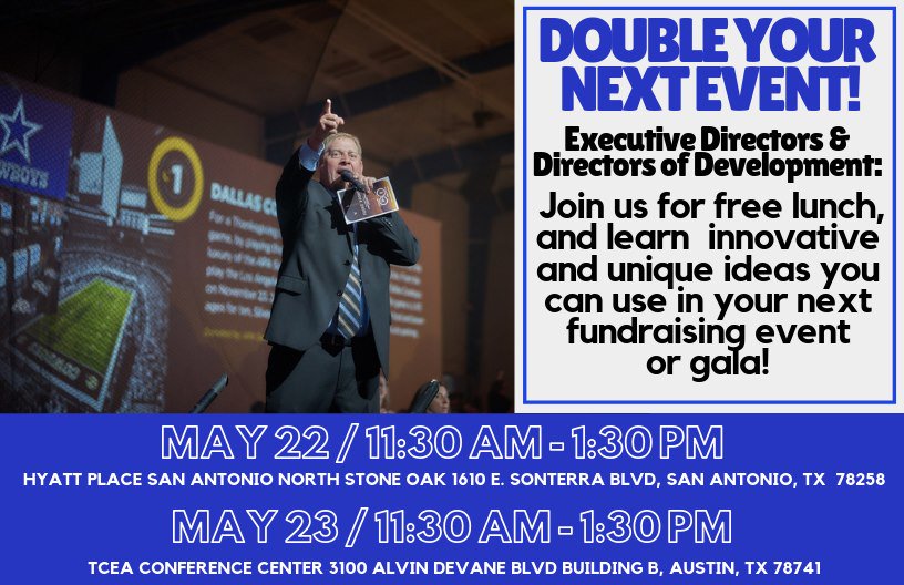 FundYour_Org's tweet photo. One more day till our big arrival to Austin! Join us May 23rd for a free lunch, and learn innovative and unique ideas you can use at your next fundraising event or gala!
Please email Emily at emily@fundyourorg.com to RSVP no later than May 15th!
We hope to see you there! https://t.co/D4Sctq3sG5