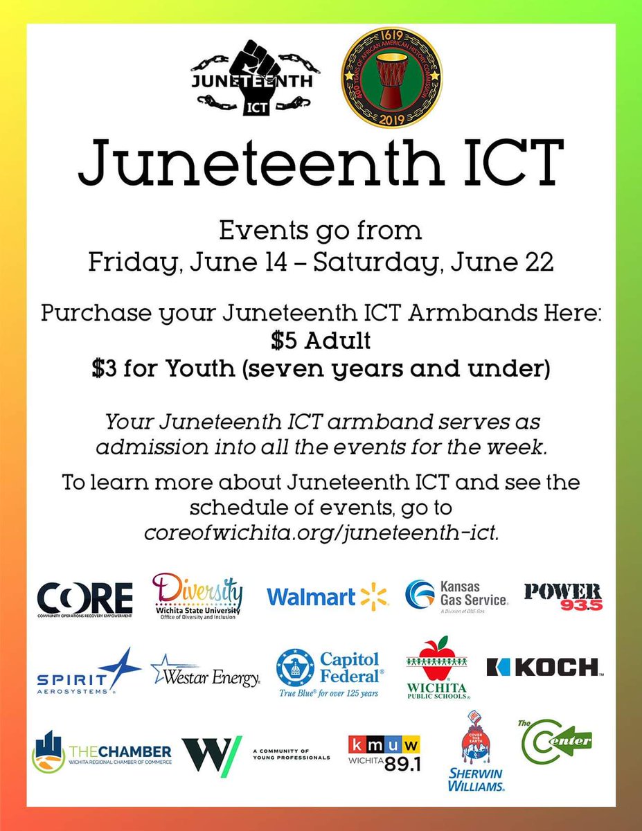 JuneteenthI's tweet photo. They are available at United Vybez Culture &amp; More, TOPS Steaks and Hoagies, and WSU Office of Diversity and Inclusion. Message the Juneteenth ICT page or email Juneteenthict1@gmail.com for large quantity purchases.
Visit https://t.co/q5cTXjKDQL for more info #JuneteenthICT #Ict https://t.co/Zerrw6LuqZ
