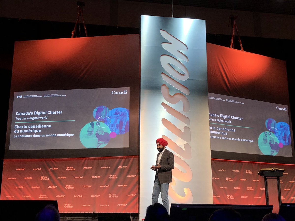 letstechpodcast's tweet photo. Minister Navdeep Bains @NavdeepSBains on stage @CollisionHQ #CollisionConf talking about Canada’s Digital charter in a digital world. https://t.co/8boZiixop2