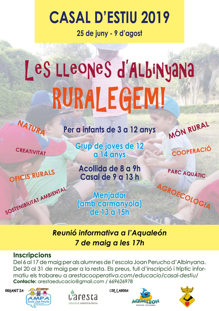 arestacoop's tweet photo. 📢JA HEM OBERT INSCRIPCIONS del casal!✍️

Per a totes les nenes i nens del Baix Penedès que vulguin gaudir d'un casal en un entorn rural, aquàtic i únic!

Tota la info, aquí 👉https://t.co/8dXSgbmALS

#casalestiu
#casaldestiu
#casalestiu2019
#casalestiubaixpenedes
#estiu2019 https://t.co/uWXtEFaEgI