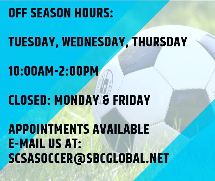 SoccerSCSA's tweet photo. Summer Hours begin next week! https://t.co/fjfP02UMVS