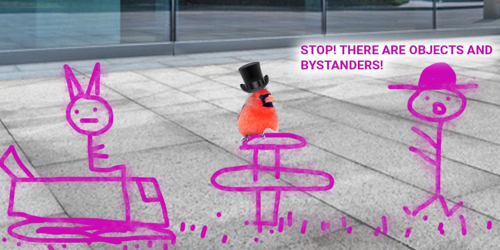 A bad chalk drawing of cat named safety cat riding a lawnmower towards a bird in a bird bath. A park ranger shouts, "Stop there are objects and bystanders!"