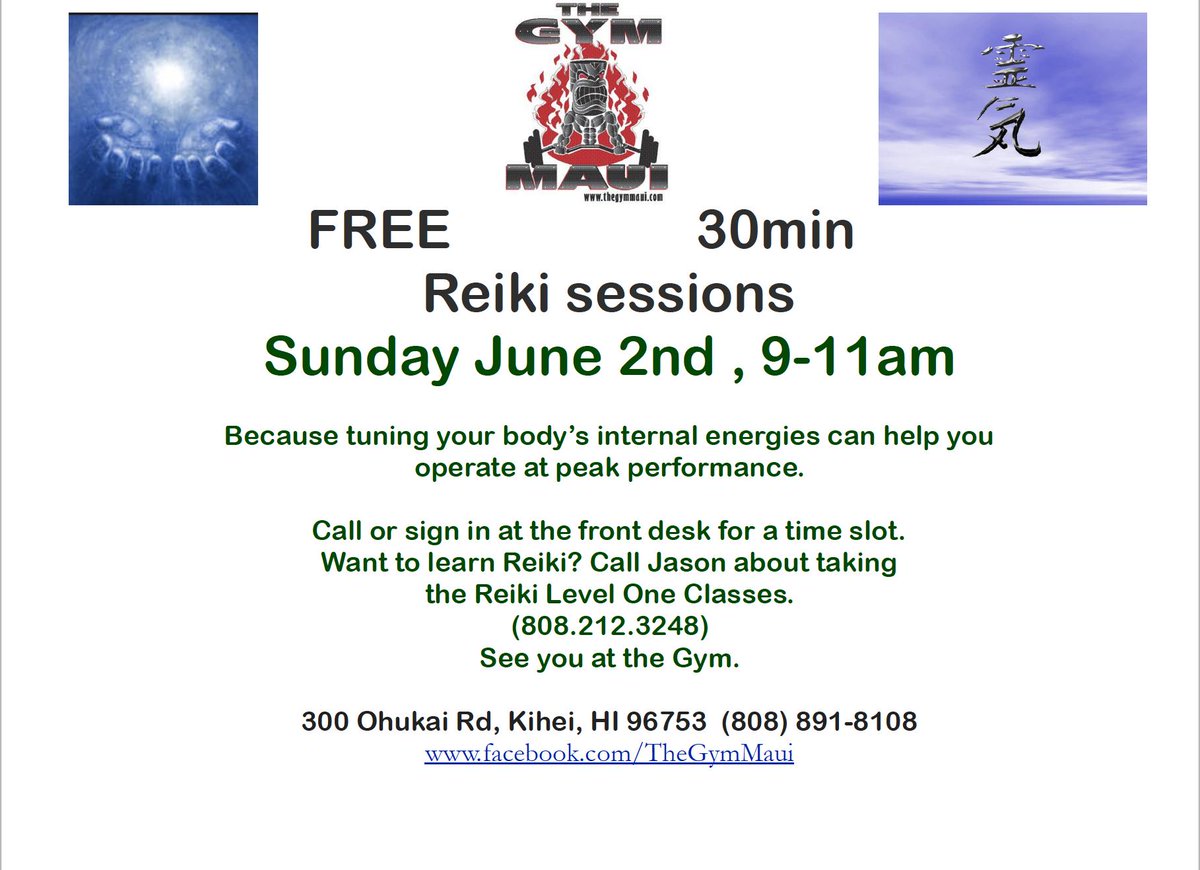 ReikiMaui's tweet photo. https://t.co/k98UbzmIht

Free #reiki demos at the #Gym #Maui in #Kihei Sunday June 2nd https://t.co/orEPeAdq7x