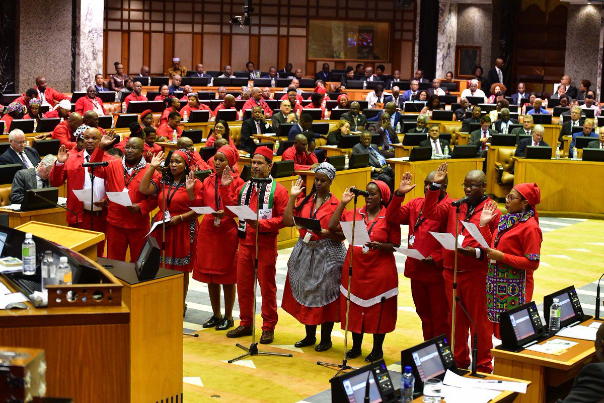 EFFSouthAfrica's tweet photo. [In Pictures]: A moment!

Another 10 of the #EFF44 being sworn in as members of the National Assembly 

#EFFInParliament https://t.co/woU4P0OvqJ