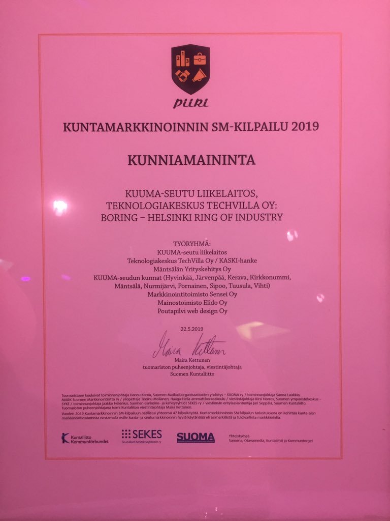 HeidiHagman's tweet photo. Paljon onnea #kuumaseutu ja #techvilla #boring Helsinki Ring of Industry #industryhelsinki #helsinkiringofindustry . Kunniamaininta kuntamarkkinoinnin SM-kilpailussa 2019 #piiri2019 @AnttiKuusela https://t.co/7uGjG1FJUF