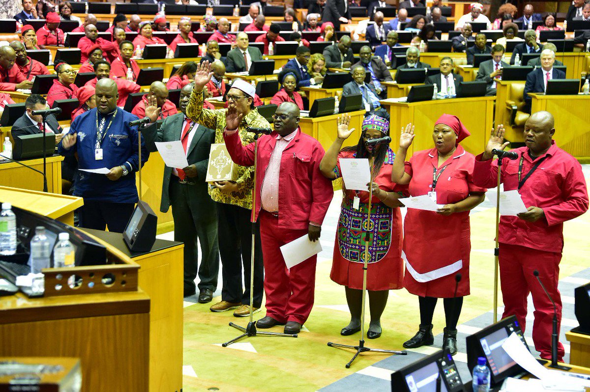 EFFSouthAfrica's tweet photo. [In Pictures]: A moment!

The 4 of the #EFF44 being sworn in as members of the National Assembly 

#EFFInParliament https://t.co/mnzbDftzTw
