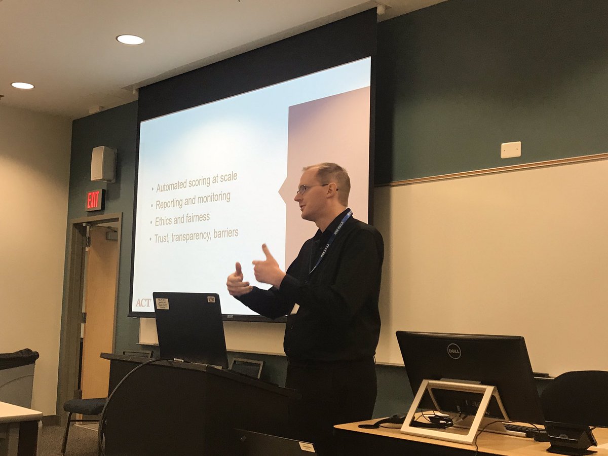mldbarrett's tweet photo. Scott Wood speaks of the journey from prototype to scale of an automated scoring system. #AI #ICICLE2019 @ACT #ACTInsight https://t.co/YzZf1tw1IH