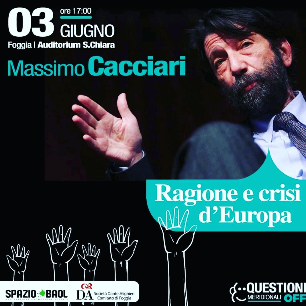 QueMeridionali's tweet photo. Lun 3 giu parleremo di #europa con Massimo Cacciari per indagarne le prospettive che si dividono tra passioni e ragione.
#foggia #queme #questionimeridionali https://t.co/Tz9tyTaCRE
