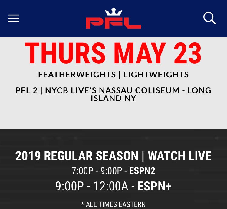 DanFromOR's tweet photo. Wed
8pm #AFC148 🇺🇸#FP
Thu
4pm #PFL2019 🇺🇸#ESPN2 @ESPN+
Fri
3pm #TKO38 🇨🇦 #FP
3pm #FutureFC5 🇧🇷 #YT
6pm #LFA67 🇺🇸 @AXSTVFights
6pm #UnifiedMMA37 🇨🇦 @FiteTV
Sat
1pm #Polaris10 🇬🇧 #FP
5pm #HaneyMoran🇺🇸 @DAZN_USA
5pm #TroutGausha🇺🇸 @fs1
7pm #CFFC75 🇺🇸 #FP
Sun
12am #Pancrase305🇯🇵 #FP https://t.co/JB1JdYbPYj