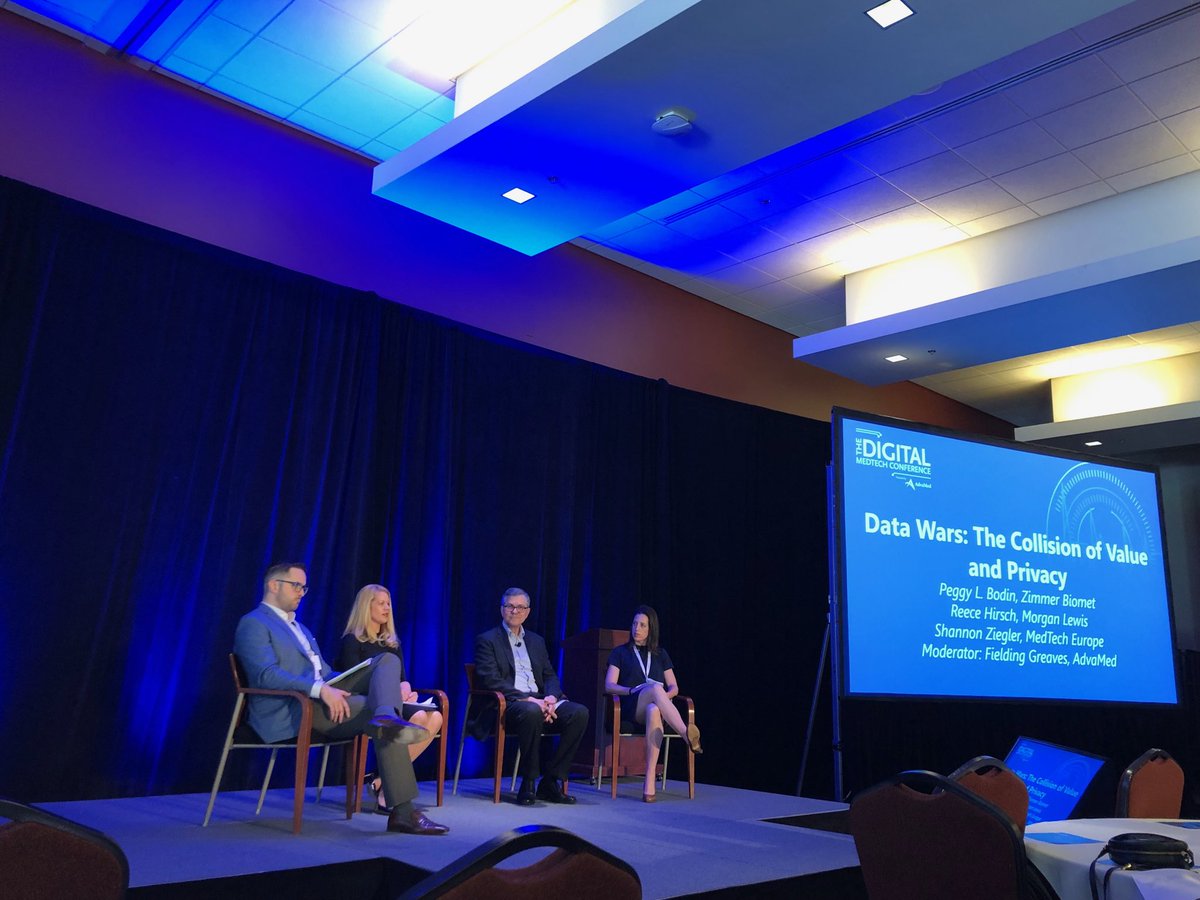 medtechMarion's tweet photo. Panel on privacy rules. Peggy Bodin, global privacy officer Zimmer Biomet, said there is shifted conversation in company to global privacy program. Value of data depends on how it is being used and collected. #Dmtc19. CCPA is big concern for companies: Reece Hirsch, Morgan Lewis https://t.co/aXSFbed0Do