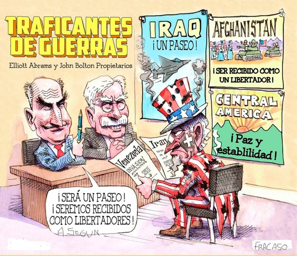 SuselyMorfaG's tweet photo. Es tan elocuente esta caricatura que vale la pena compartirla, son los señores de la guerra y la destrucción llevando tragedias a todo el planeta, pero Venezuela resistirá #SomosVenezuela #HandsOffVenezuela @UJCuba @DiazCanelB @DrRobertoMOjeda @NicolasMaduro https://t.co/h4StMs2fLZ