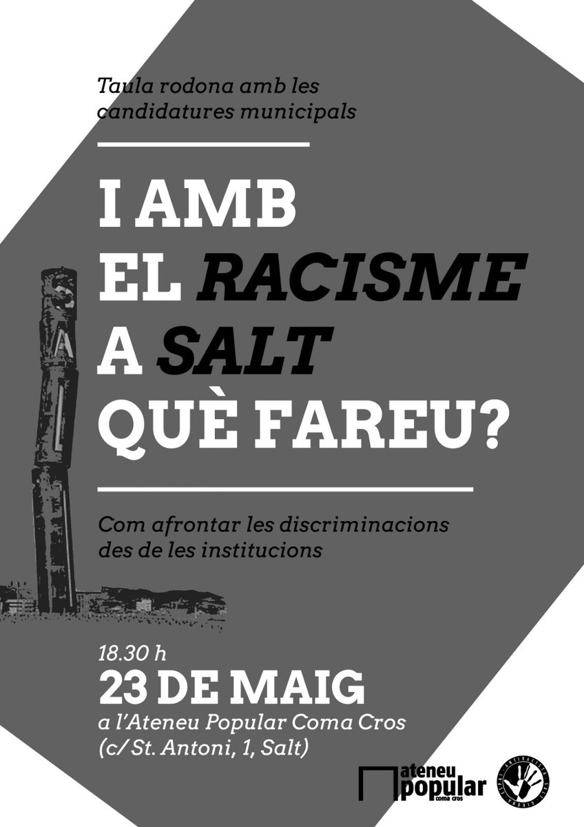 ateneusalt's tweet photo. Cita obligada amb @EAntiracista! 
Vam nàixer per això: oferir un espai cultural i social a la població gestionat comunitàriament. Demà toca preguntar als polítics sobre #dretsHumans, sobre què en pensen del #votPerTothom i que es posicionin amb el racisme. #femAteneuSalt #Salt https://t.co/k5oYhRZsu9