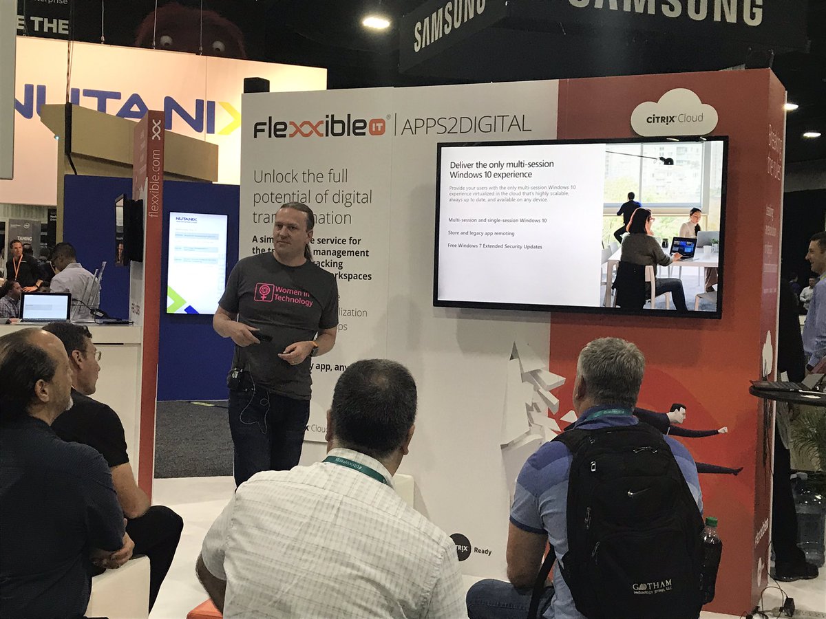 CorkieMoore's tweet photo. Thank you @JimMoyle for presenting #WVD #Azure on the @FlexxibleIT booth today #CitrixSynergy #Apps2Digital #multicloud #driveadoption https://t.co/NY5ZPXbO1G