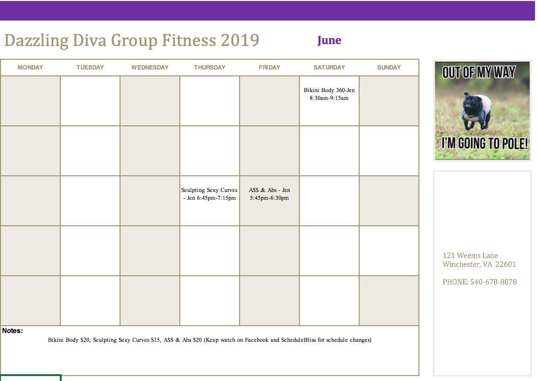 DivasWinchester's tweet photo. June schedule is ready!  #polefitness #polestrong #dazzlingdivafitness #lyra #lyralove https://t.co/kzyGGXJADt