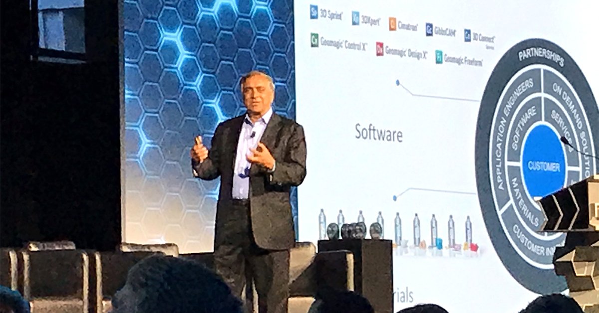 3dsystems's tweet photo. CEO, VJ, at @RAPID_Event today hosting an impressive group of customers as they share how additive manufacturing brings greater productivity and business success @StewartHaasRcng @nokia https://t.co/RrqmyDoClW
