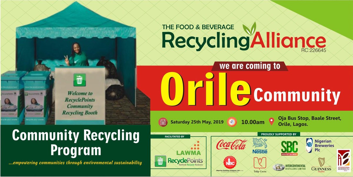 RecyclePointsNG's tweet photo. #CommunityRecyclingProgram #Orile. Residents in Orile will get the opportunity to Recycle ♻️ for Instant Rewards.
@fbralliance member companies in partnership with @Lawma_gov &amp; @RecyclePointsNG will be at Oja BusStop, Baale Street, Orile, Lagos on Saturday 25th May, 2019 by 10am. https://t.co/QXKCgGIaYp