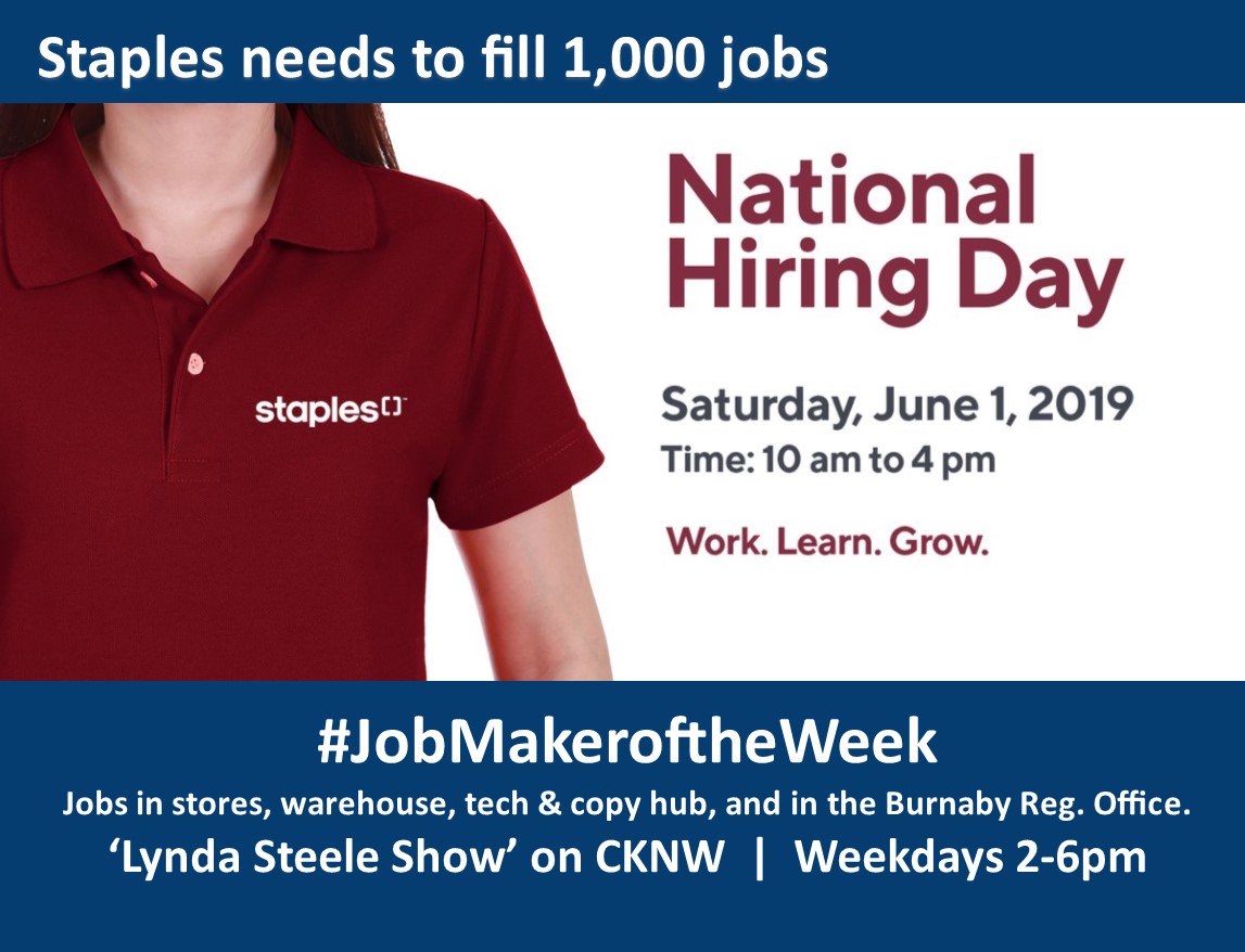 BCLMR's tweet photo. Tune in to @steeletalk @CKNW today for #WorkingontheWestCoast. Our #JobMakeroftheWeek is @Staples_Jobs -- hiring 1,000 people through their June 1st #NationalHiringDay 
Listen LIVE at 2:45: https://t.co/sNjo9lSoIp @aspectbc @BCCDA1 @WorkBC Details: https://t.co/h6dGTCSjwT https://t.co/vWfjAqKyY2