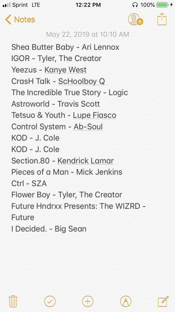 DLighted2BeHere's tweet photo. The albums I listened to (in order) on my drive from Philly ➡️ Minneapolis https://t.co/uflWhnU8lU
