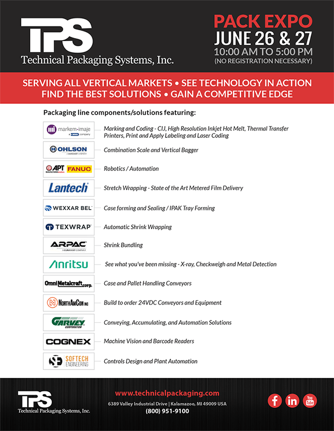 tpskalamazoo's tweet photo. Come See Us at TPS PACK EXPO June 26 &amp; 27th, 2019

6389 Valley Industrial Drive Kalamazoo, MI 49009

Contact us for more information at 800-951-9100 

#TechnicalPackagingSystems #TPS #Kalamazoo #Packaging https://t.co/3WsAB8G0OH