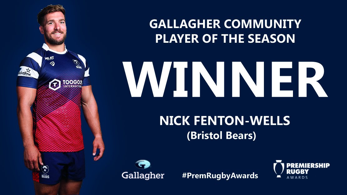 Our Community Player of the Season is… 🥁 

<a href="/Nick_FW7/">Nick Fenton-Wells</a> 🥇

Nick transformed how <a href="/BristolBears/">Bristol Bears 🐻</a>’ Community Foundation engages with the club, players &amp; staff. As a result, they've seen a record 500 hrs of community engagement from the players! #GallagherPrem #PremRugbyAwards 🏉